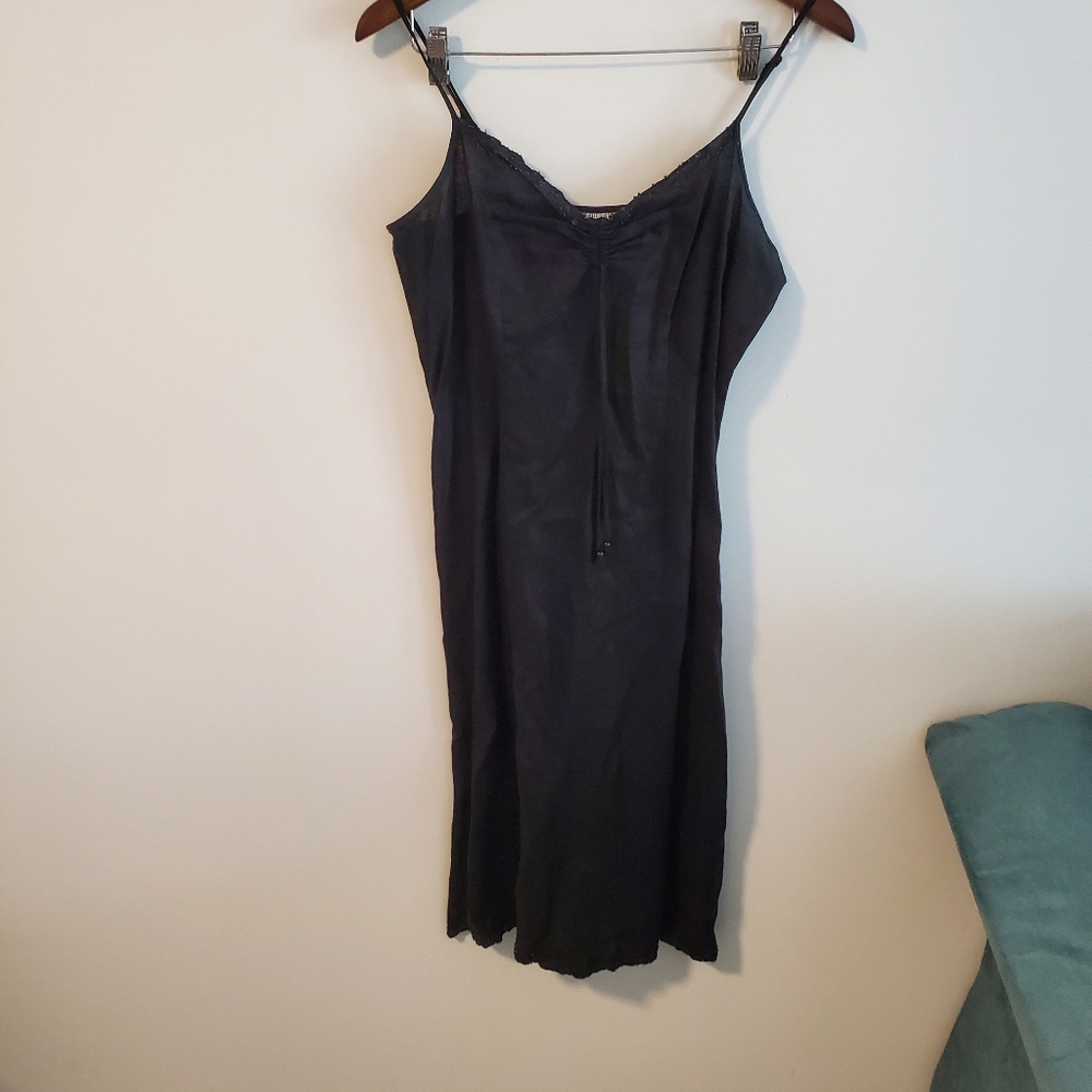 Black embroidered beaded linen midi dress tie front spaghetti strap size 10